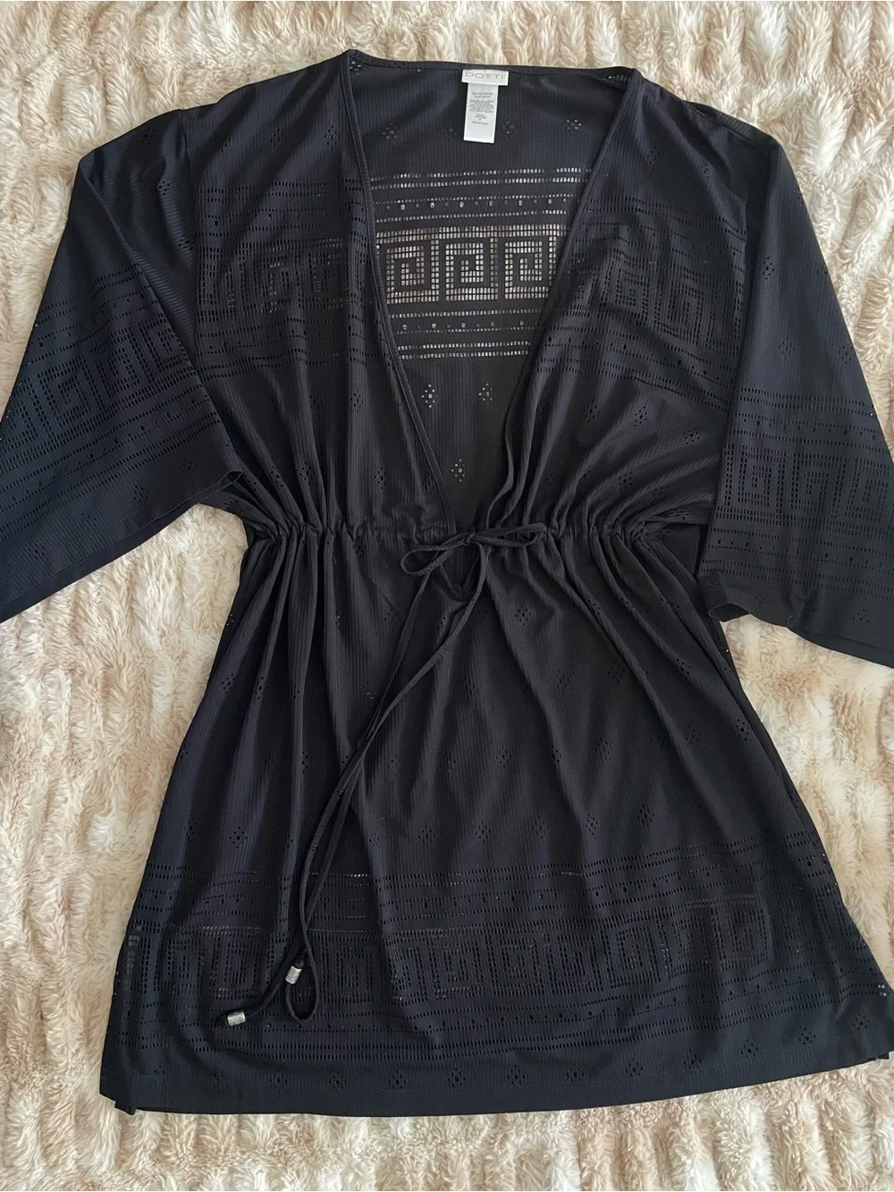 Dotti Black Kimono Sleeve Drawstring Waist Swim Cover-up Black Size XL
